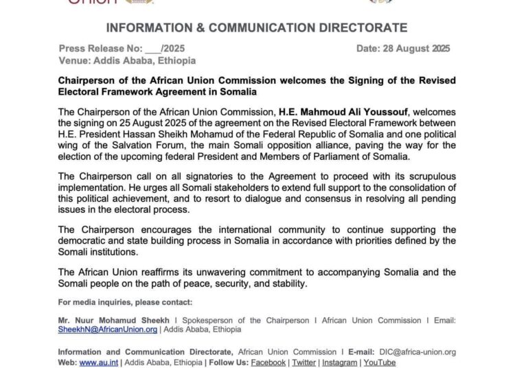 Midowga Afrika oo Soo Dhaweeyay Heshiiska Doorashada Soomaaliya